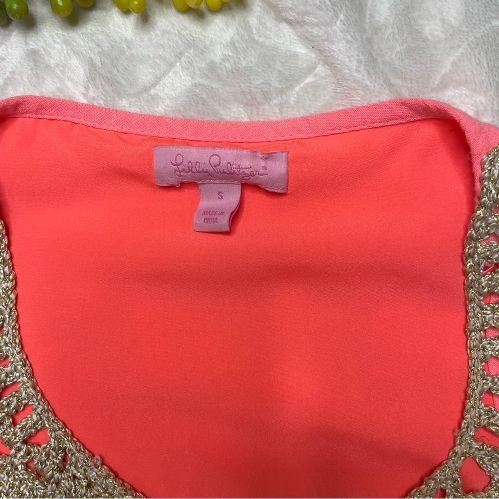 Lilly Pulitzer Rachelle Coral Gold Racerback Pom Pom Swing Dress Size Small - Picture 12 of 15